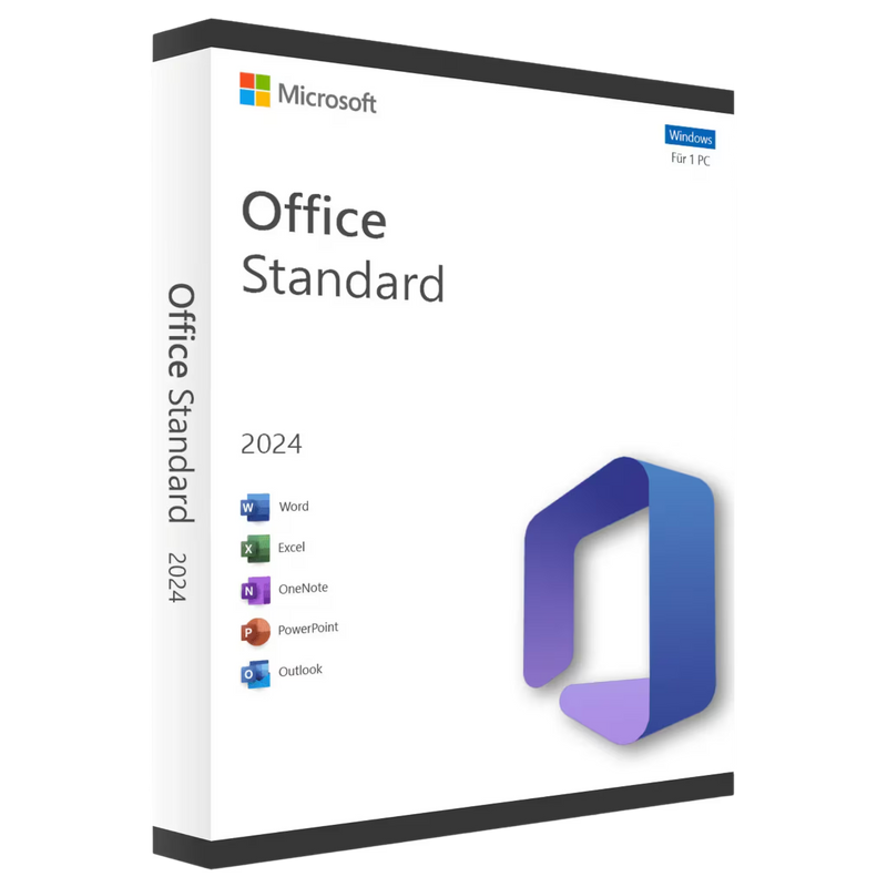 Verpackung von Microsoft Office Standard 2024 für Windows, zeigt Symbole für Word, Excel, OneNote, PowerPoint, Outlook und Publisher