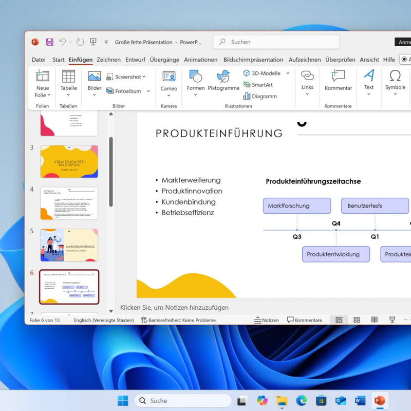 Microsoft 365 Single PowerPoint Präsentation auf Windows 11 mit Copilot KI Designvorschlägen