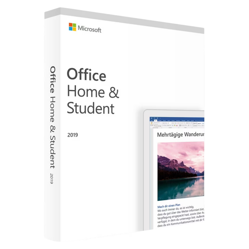 Produktverpackung von Microsoft Office Home & Student 2019 für PC als Download-Lizenz mit den klassischen Office-Apps für Schule, Studium und Zuhause