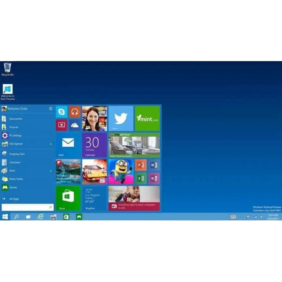 Screenshot der Windows 10 Home OEM Benutzeroberfläche mit geöffnetem Startmenü und moderner Desktop-Ansicht für PCs