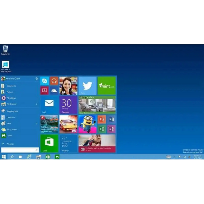 Screenshot der Windows 10 Home OEM Benutzeroberfläche mit geöffnetem Startmenü und moderner Desktop-Ansicht für PCs